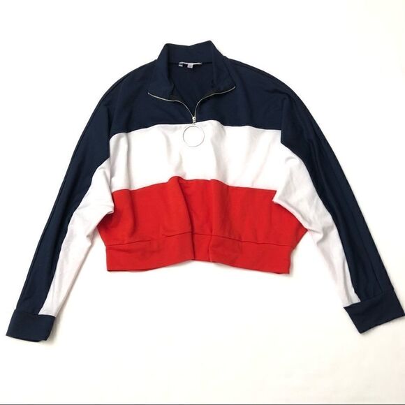Ivoire Red, Blue, White 1/4 Zip Mock Neck Stretch Crop Sweatshirt - Picture 1 of 11